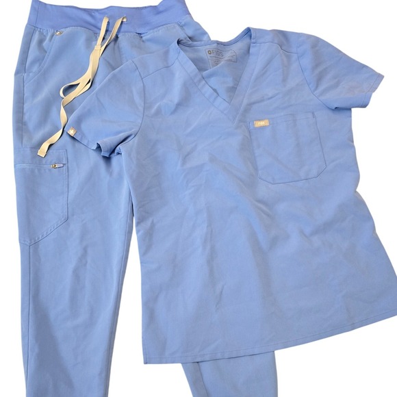 Figs Pants - FIGS Scrub Set Womens Blue Jogger Pants V-Neck Top Medical Uniform Bundle